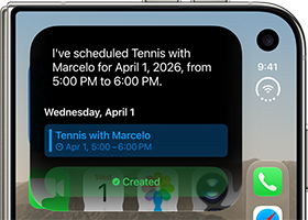 iPhone Duo, folded, outer display shows Siri AI notification indicating a calendar update