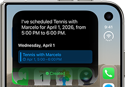 iPhone Duo, folded, outer display shows Siri AI notification indicating a calendar update