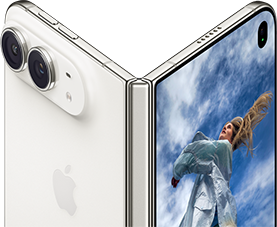 iPhone Duo, partially open like a book with hinge mechanism in the center, exterior back panel on the left features an Apple logo and dual-camera, outer display on the right shows a portrait photo of a person with blonde hair
