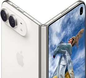 iPhone Duo, partially open like a book with hinge mechanism in the center, exterior back panel on the left features an Apple logo and dual-camera, outer display on the right shows a portrait photo of a person with blonde hair