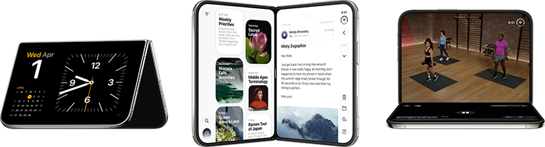 Three iPhone Duo models in various poses side by side: left iPhone Duo propped up in an inverted V-shape resting on its edges with its screen facing outward on the Standby mode with Clock app, center iPhone Duo stands upright in a V-shape on Standby mode with Siri app on left and Messages app on right, right iPhone Duo folded open resting on the bottom panel with the Fitness+ app facing forward
