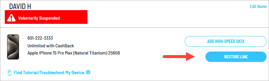 You've successfully suspended the service on your device. Click Restore Line to turn your service back on.