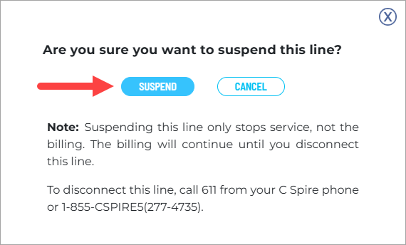 Confirm that you want to suspend the service on this device.