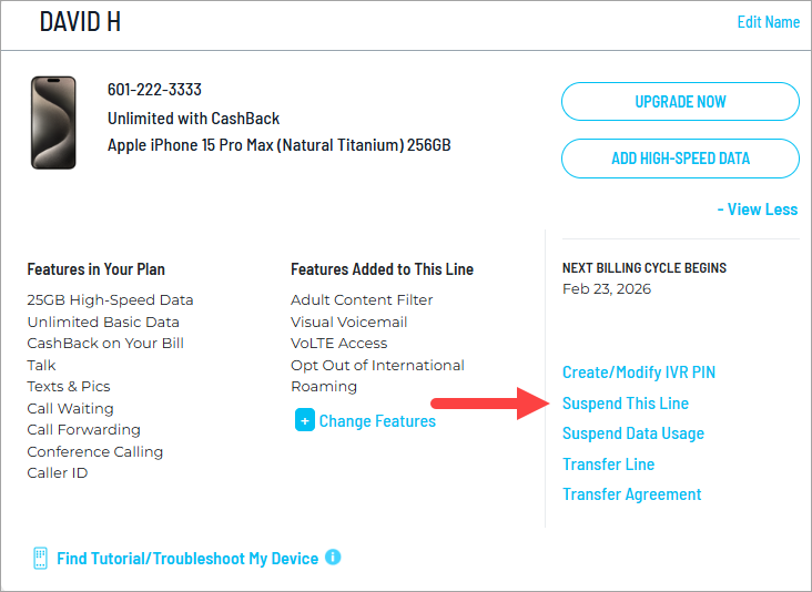 Click Suspend this Line to pause your service.