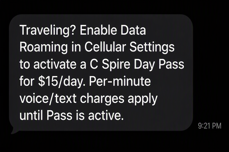 Enable Data Roaming in your device's Cellular Settings and disable Airplane Mode in order to receive the Day Pass text messages.