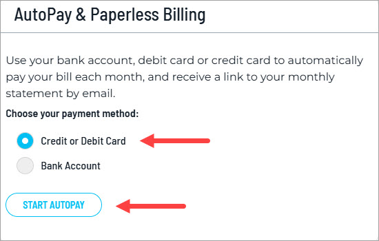 Select the radio button for your payment method: credit or debit card, or bank account.