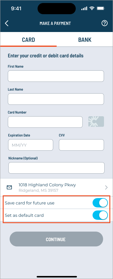Enter your payment information and indicate whether you would like to save this payment method to your account.