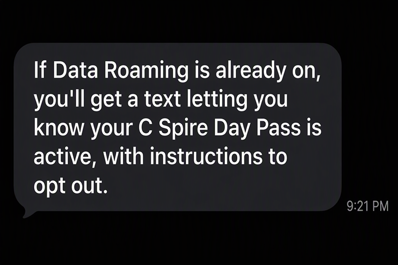 If Data Roaming is already enabled, you'll get a text letting you know your C Spire Day Pass is active, along with instrucitons to opt out.