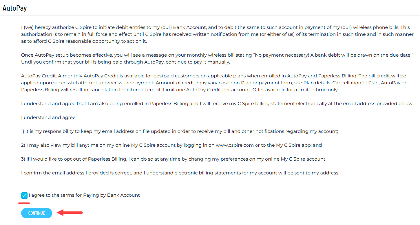 AutoPay agreement screen with terms text, a checked box to agree to pay by bank account, and a blue Continue button highlighted.