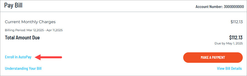 Pay Bill section of account dashboard with option to enroll in AutoPay.