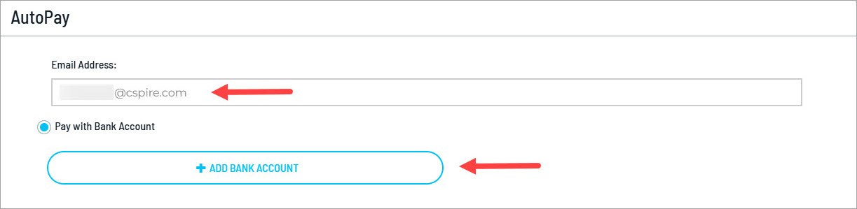 AutoPay setup screen with email address field and option to pay with bank account. Add Bank Account button is highlighted.