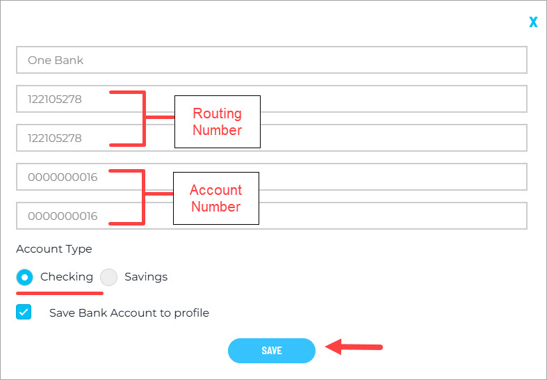 Form to add a bank account showing fields for routing and account numbers, account type selection, and a save button highlighted.