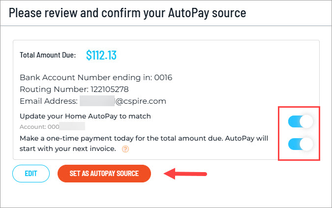 This is the screen to review AutoPay details and pay the current balance. The Set As AutoPay Source button is highlighted.