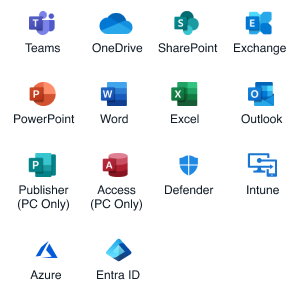 Outlook, Word, Excel, PowerPoint, Exchange, OneDrive, SharePoint, Teams