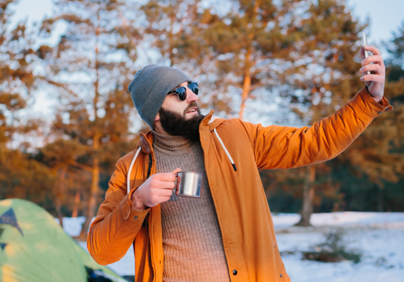 man camping in winter